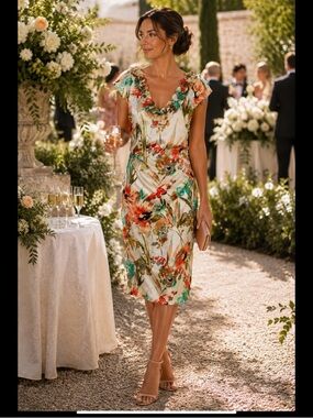 Wedding Guest Floral Midi Dress Ruched V-Neck Pleated Trim Maggy London 12